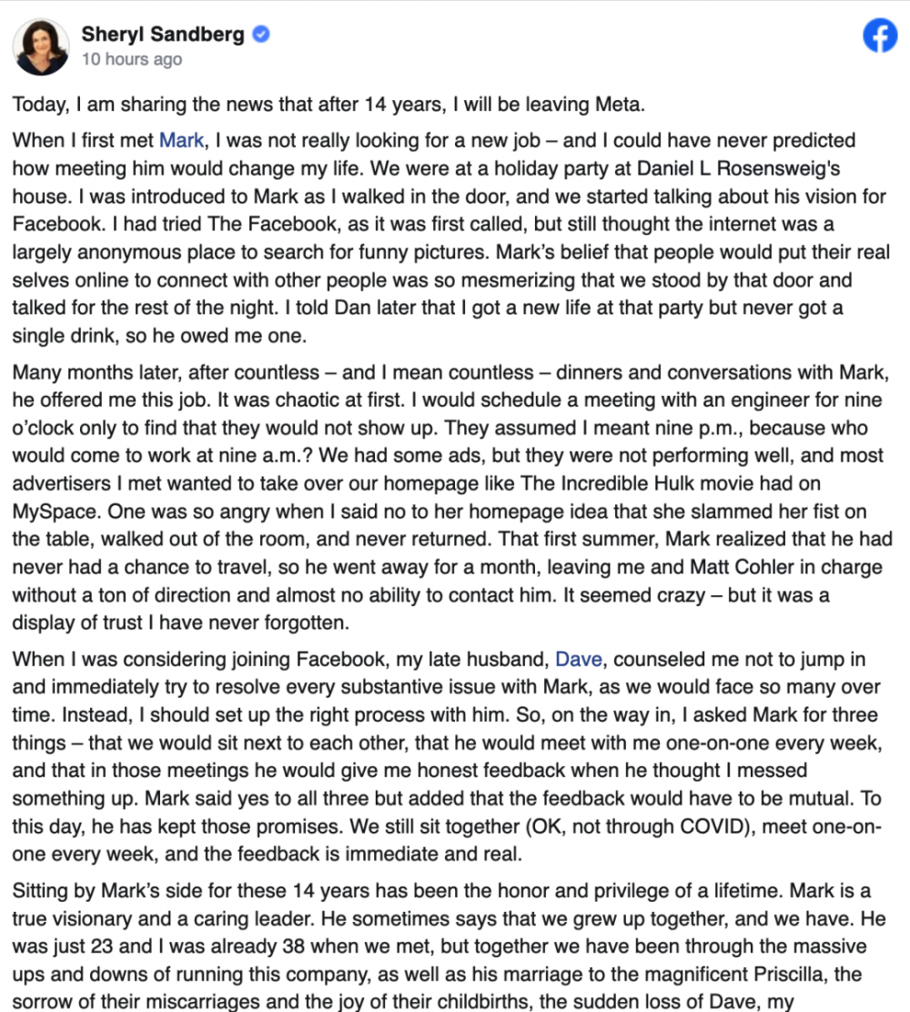 Meta 首席运营官 Sheryl Sandberg 宣布辞职