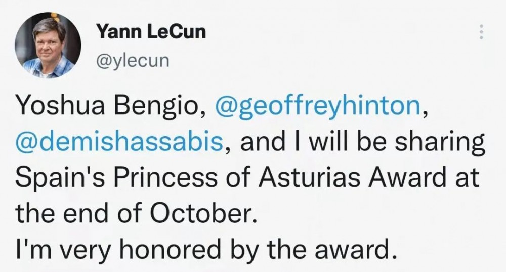 Hinton、LeCun、Bengio 与 Demis Hassabis一同获得 2022 年阿斯图里亚斯公主技术和科学研究奖！